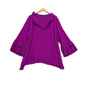 Ali Miles Womens Top Sz 2X Purple Gauzy Crinkle Ruffle Lagenlook Eclectic Blouse